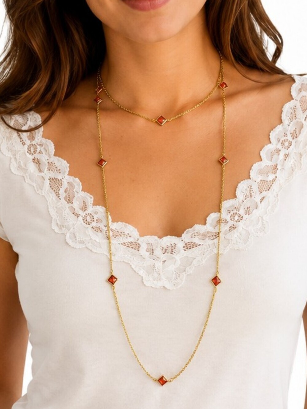 VTG Faux Ruby Princess Cut Diamond Shape Rope Chain Station Holiday Necklace